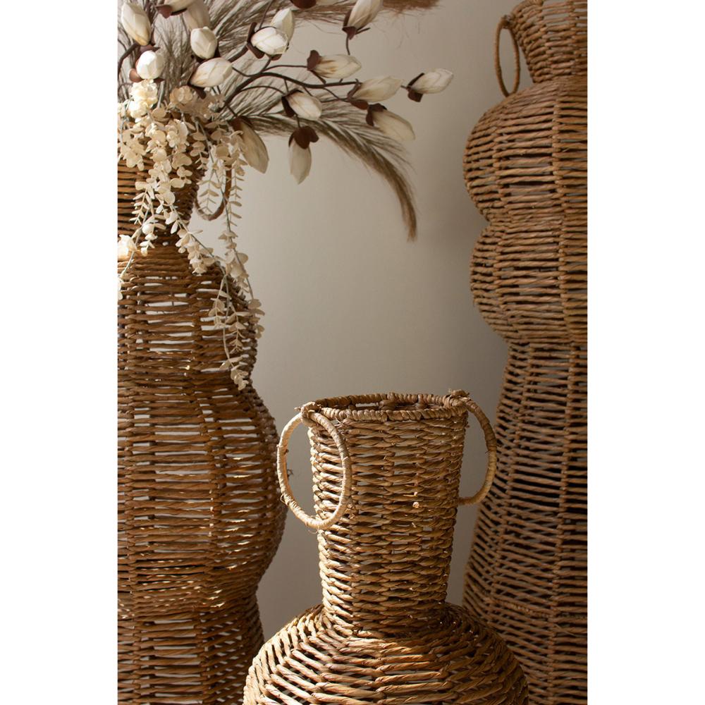 set of 3 woven seagrass and iron floor vases