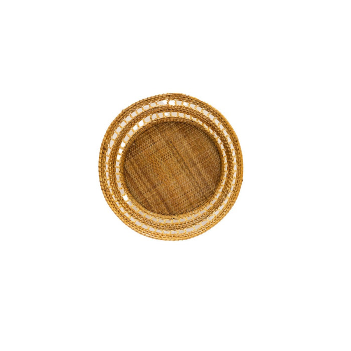 Small Round Woven Rattan Basket by Varnish Collection, shown overhead on a white background.