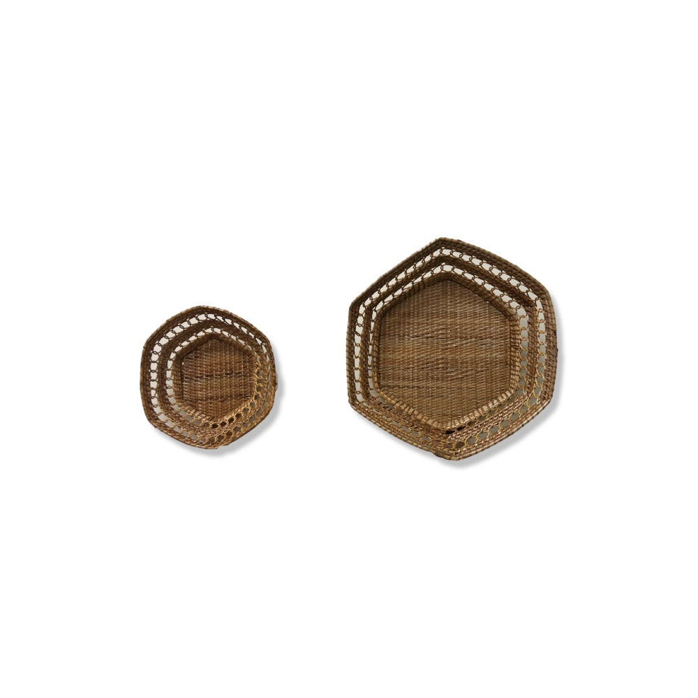 Two hexagonal woven baskets on a white background