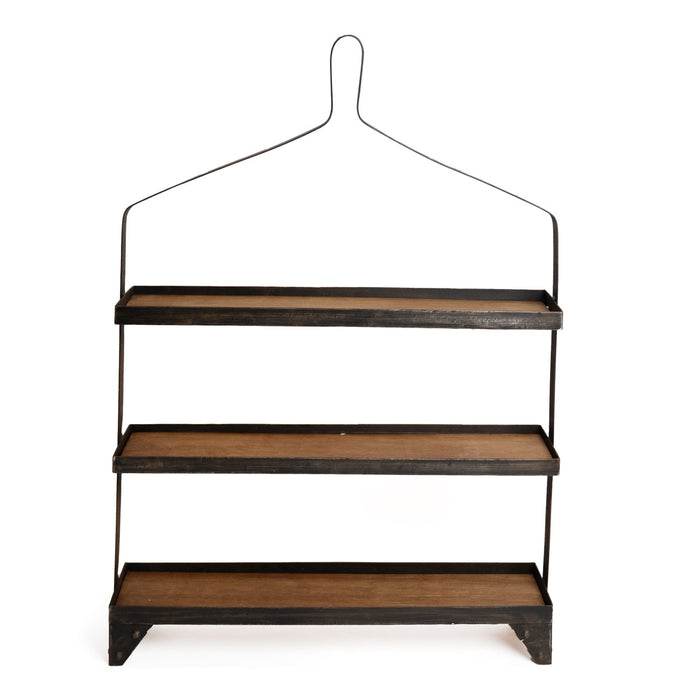 A rustic three-tier wooden shelf with a black metal wire hanger-style frame and feet, shown against a plain white background.