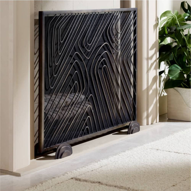 black iron mesh firescreen radial feet unique swirl detail