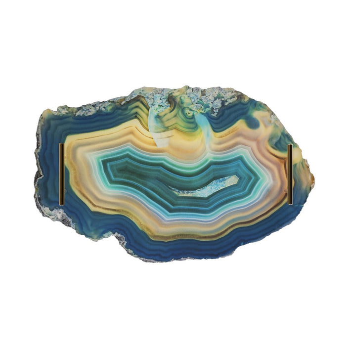 Geode slice with colorful concentric layers on a white background
