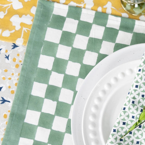 block printed placemat set green white checkered cotton