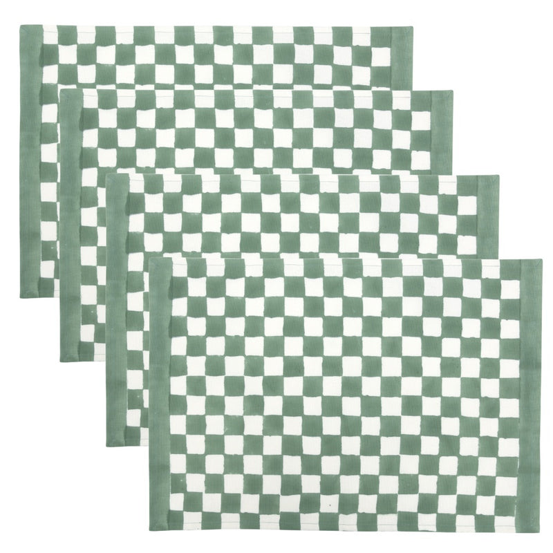 block printed placemat set green white checkered cotton