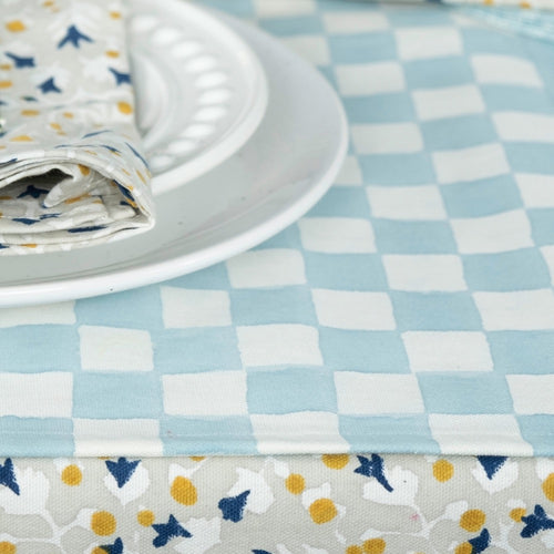 block printed placemat checkered blue white 