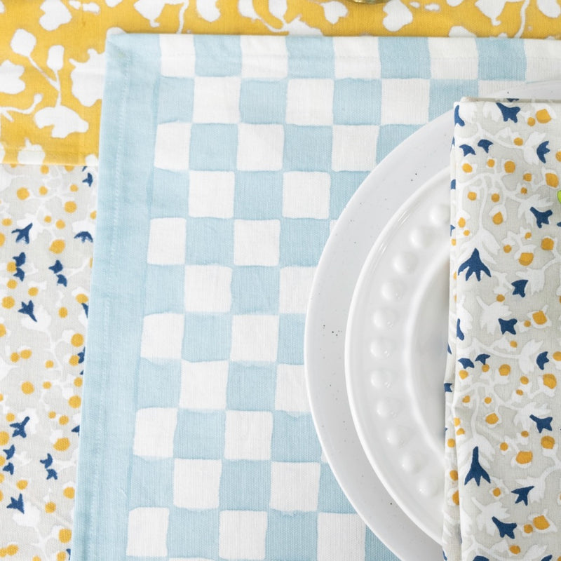 block printed placemat checkered blue white 