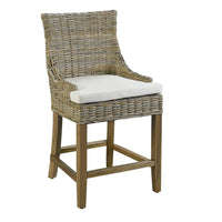 natural grey Kubu woven wicker counter stool  curved back white seat cushion wood legs Padma's Plantation