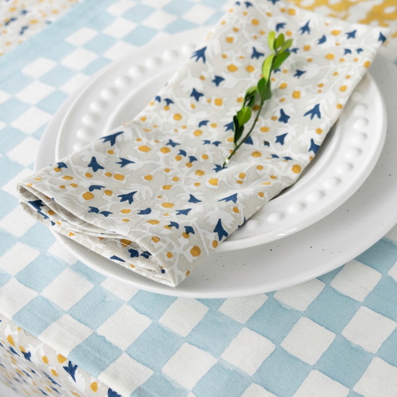 block printed napkins navy yellow floral