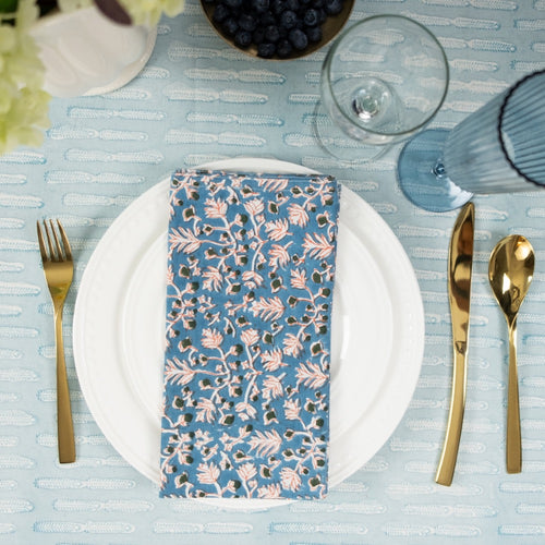 block printed napkin set white blue floral patterned