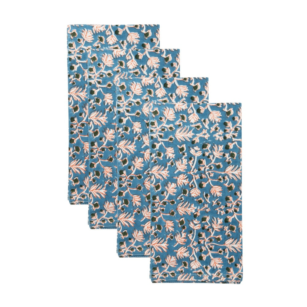 block printed napkin set white blue floral patterned