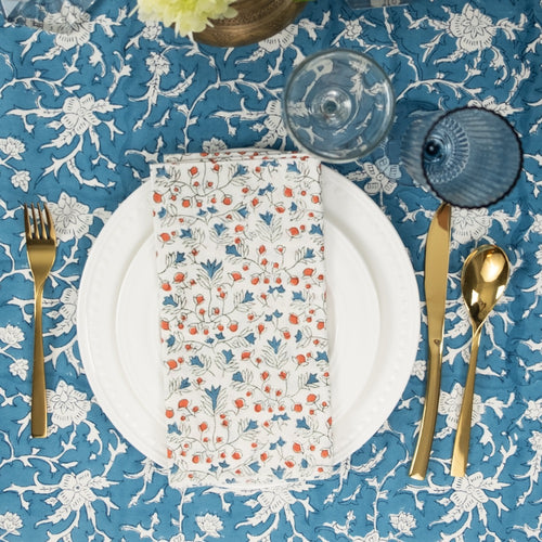 block printed napkin set red white blue floral patterned