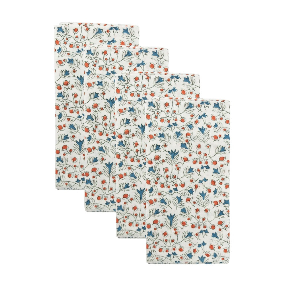 block printed napkin set red white blue floral patterned