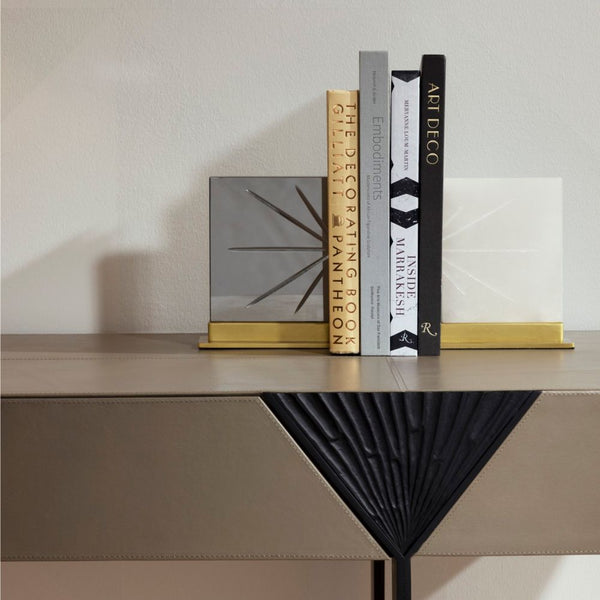 sculpture set of two white alabaster smoke crystal brass base