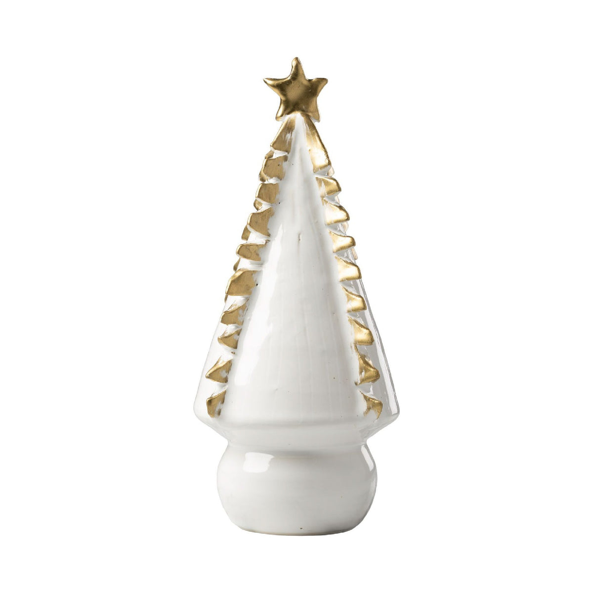 White ceramic Christmas tree with  gold star and gold ridges on a bulb shape base