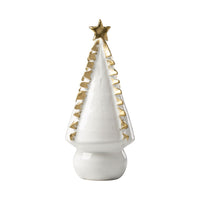 White ceramic Christmas tree with  gold star and gold ridges on a bulb shape base