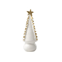 White ceramic christmas tree on bulb shape base with a gold star and gold edges