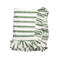 A folded white tablecloth with horizontal green stripes and ruffled edges, photographed on a plain white background.
