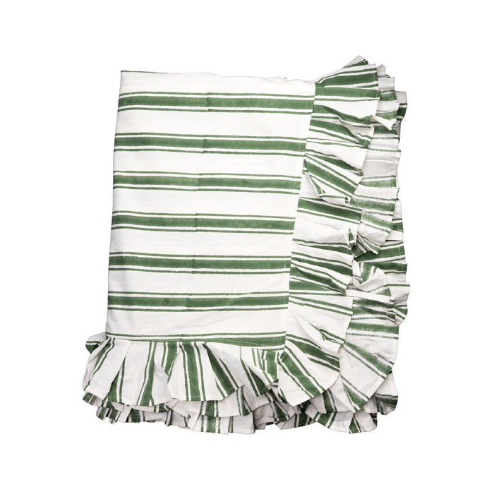 A folded white tablecloth with horizontal green stripes and ruffled edges, photographed on a plain white background.