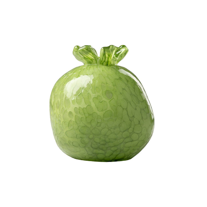 A glossy green decorative vase shaped like a pomegranate, featuring a textured, pebble-like surface and a translucent green stem detail at the top, set against a plain white background.