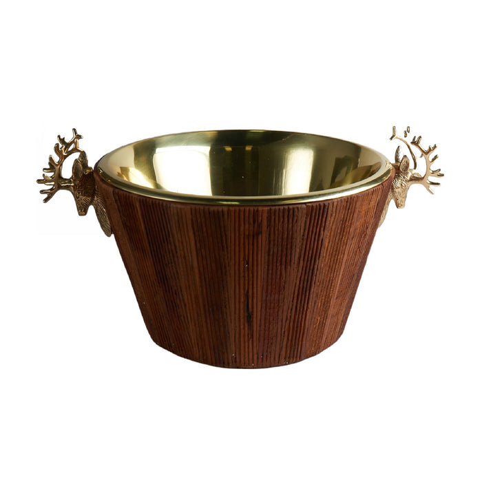 A decorative ice bucket with a dark brown wood-grain exterior and ornate gold-toned handles shaped like deer, featuring a polished gold interior, shown on a plain white background.