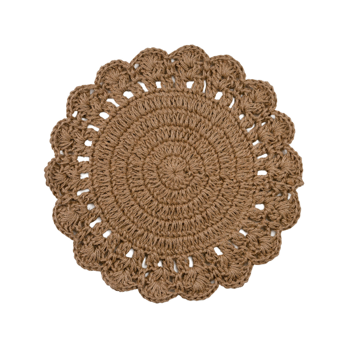 A round, hand-crocheted placemat in a warm brown color, featuring a scalloped edge and intricate openwork patterns, shown flat against a solid white background.