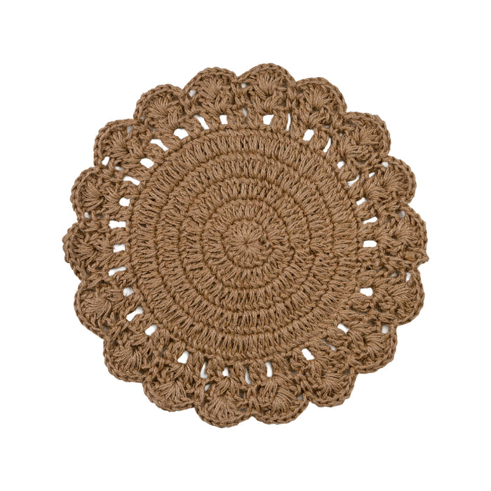 A round, hand-crocheted placemat in a warm brown color, featuring a scalloped edge and intricate openwork patterns, shown flat against a solid white background.