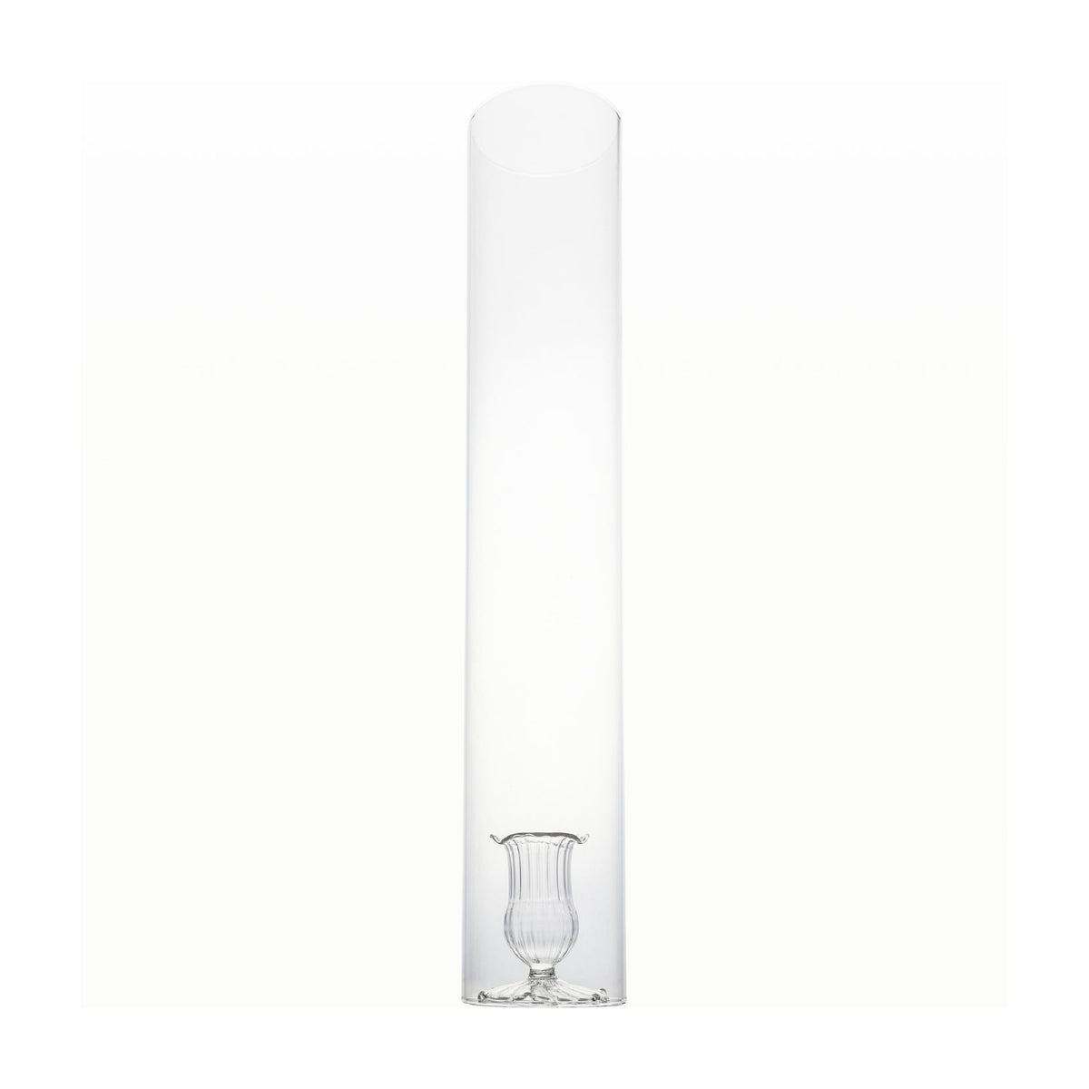 A tall, slender clear glass candle holder with a flared rim and a small pedestal base, shown against a plain white background.