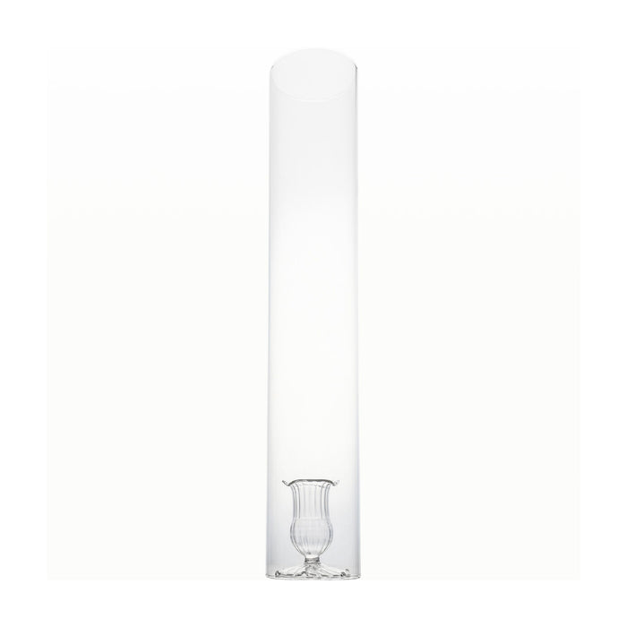 A tall, slender clear glass candle holder with a flared rim and a small pedestal base, shown against a plain white background.