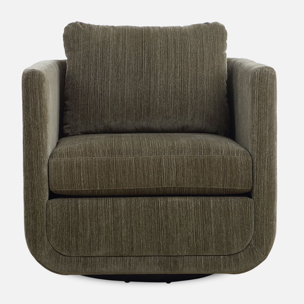 dark green chenille upholstered swivel chair