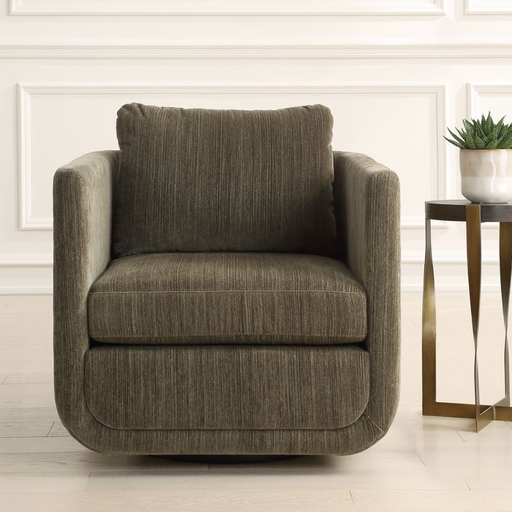 dark green chenille upholstered swivel chair