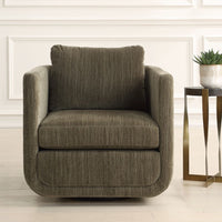 dark green chenille upholstered swivel chair