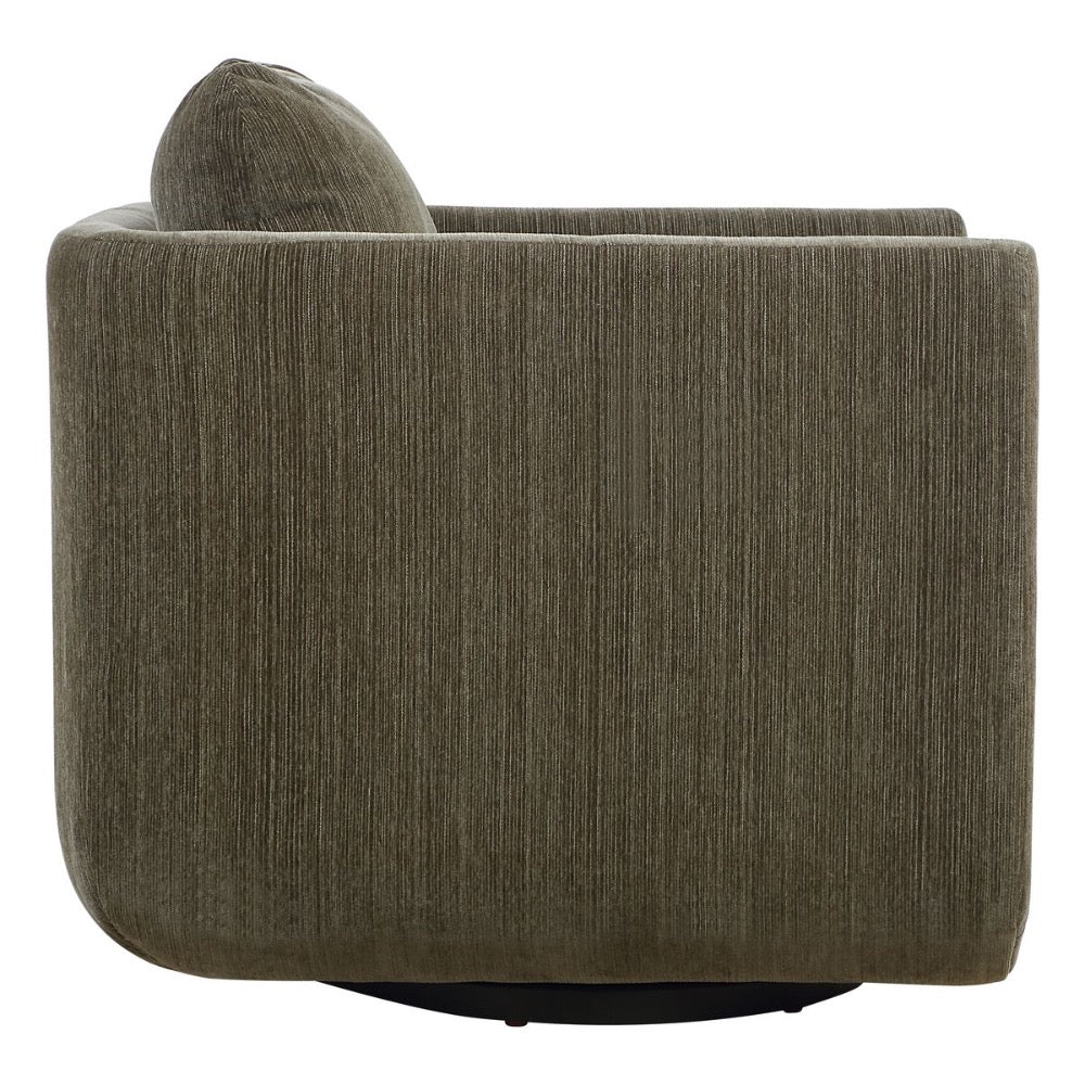 dark green chenille upholstered swivel chair