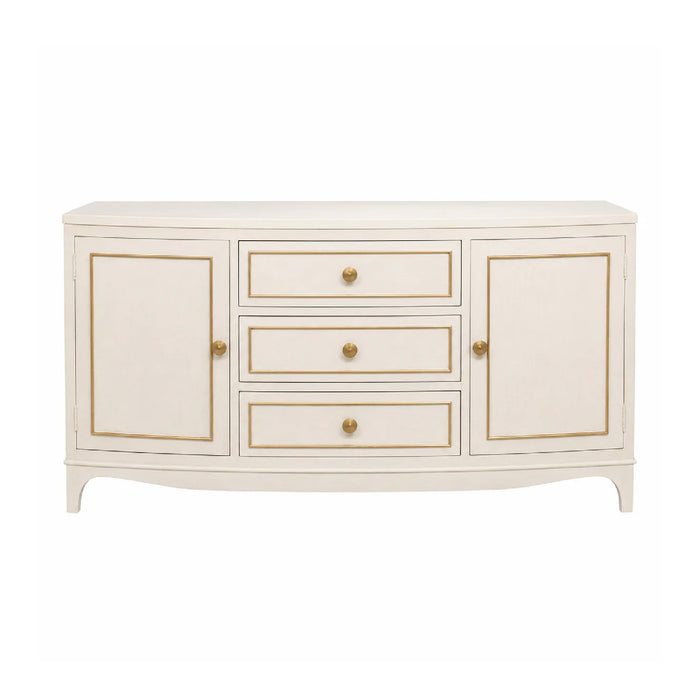 The Phillips Scott Allure Server Sideboard features gold-trimmed doors, 3 drawers, round gold knobs, and an oak finish.