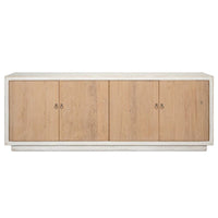 The Antiqued Natural Pine Cabinet by Sarreid, Ltd. features four light wood doors and a minimalist white frame design.