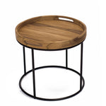 round teak tray top end accent table black powder coated iron base