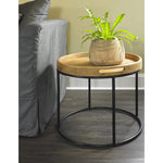 round teak tray top end accent table black powder coated iron base
