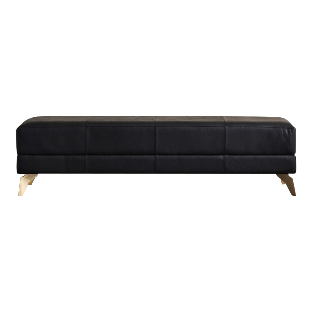 rectangle black leather bench contemporary wood legs brass trim top stitched