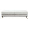 rectangle white leather bench contemporary wood legs brass trim top stitched