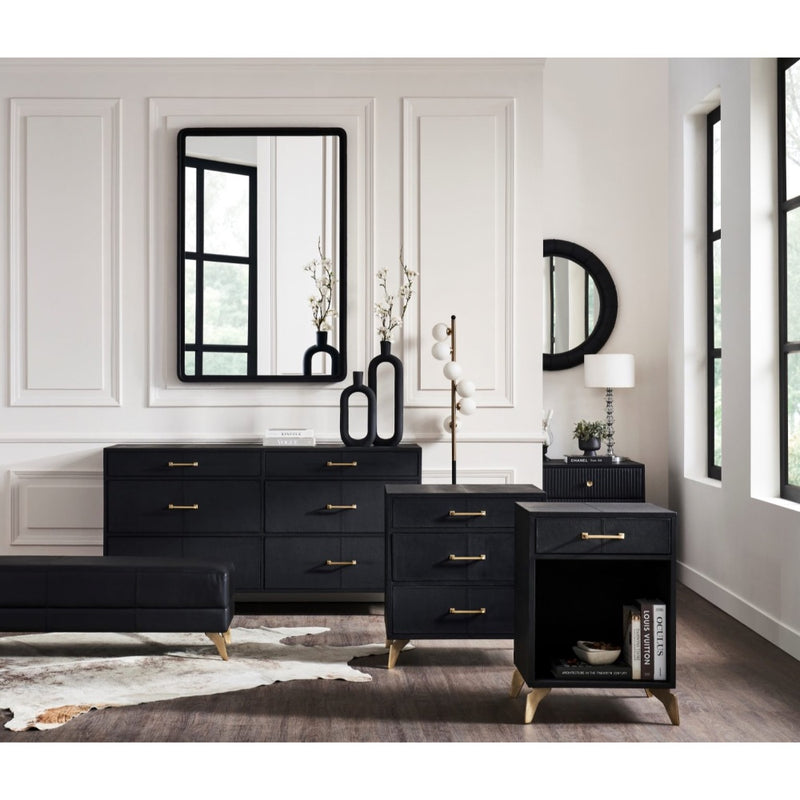 6-drawer chest black leather modern brass pulls wood legs