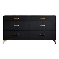 6-drawer chest black leather modern brass pulls wood legs