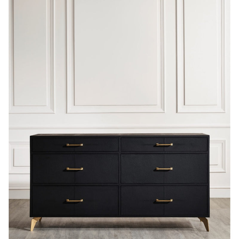 6-drawer chest black leather modern brass pulls wood legs