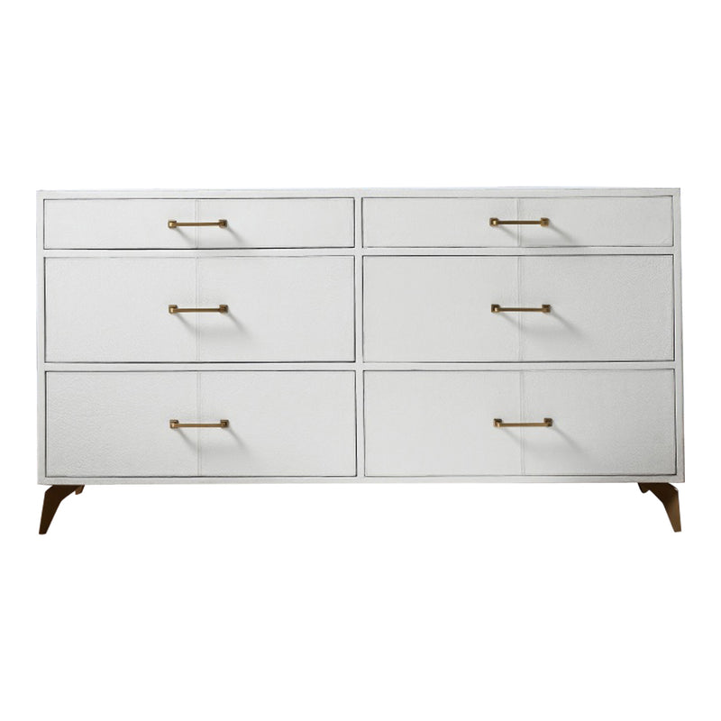 6-drawer chest white leather modern brass pulls wood legs