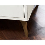 white leather nightstand one drawer open lower shelf brass pull wood legs modern