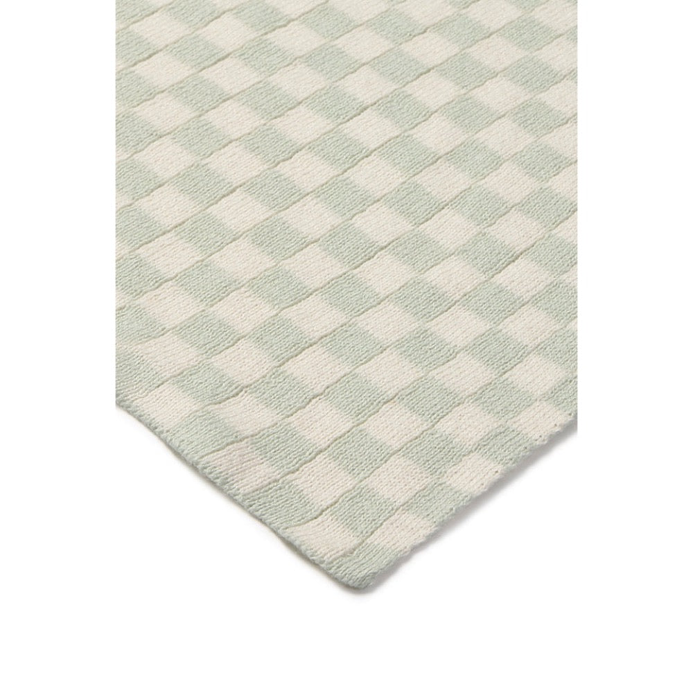 A close-up of a textured area rug with a woven checkerboard pattern in sage green and off-white, showing the corner and loop pile texture against a white background.
