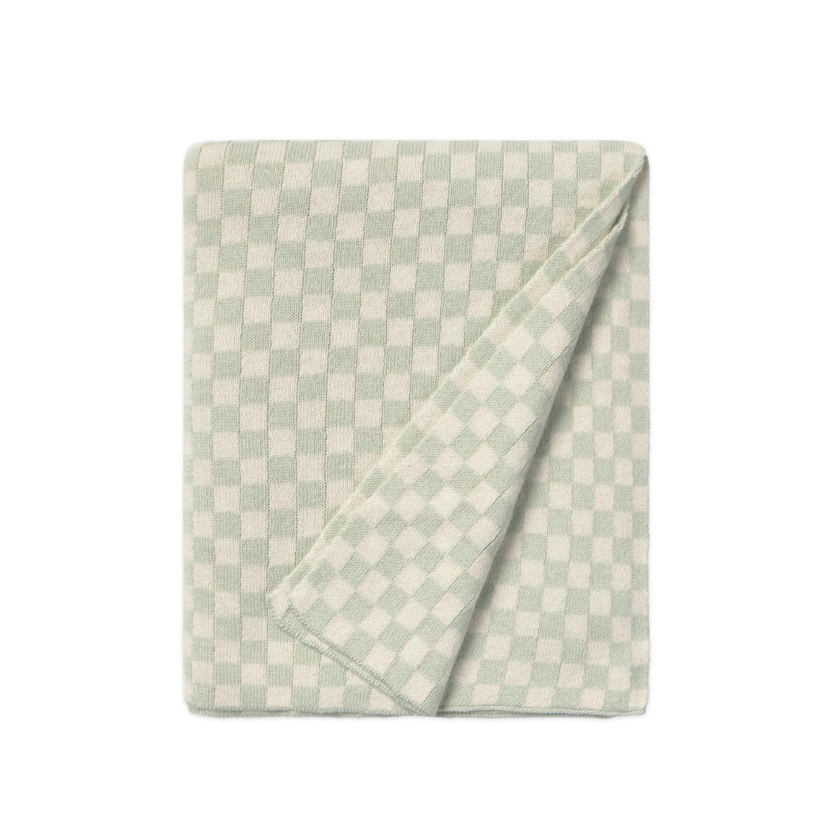 A folded checkered blanket or throw in pale sage green and cream, shown on a plain white background.