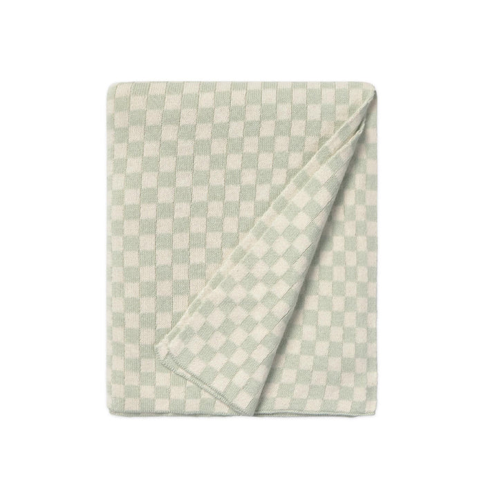 A folded checkered blanket or throw in pale sage green and cream, shown on a plain white background.