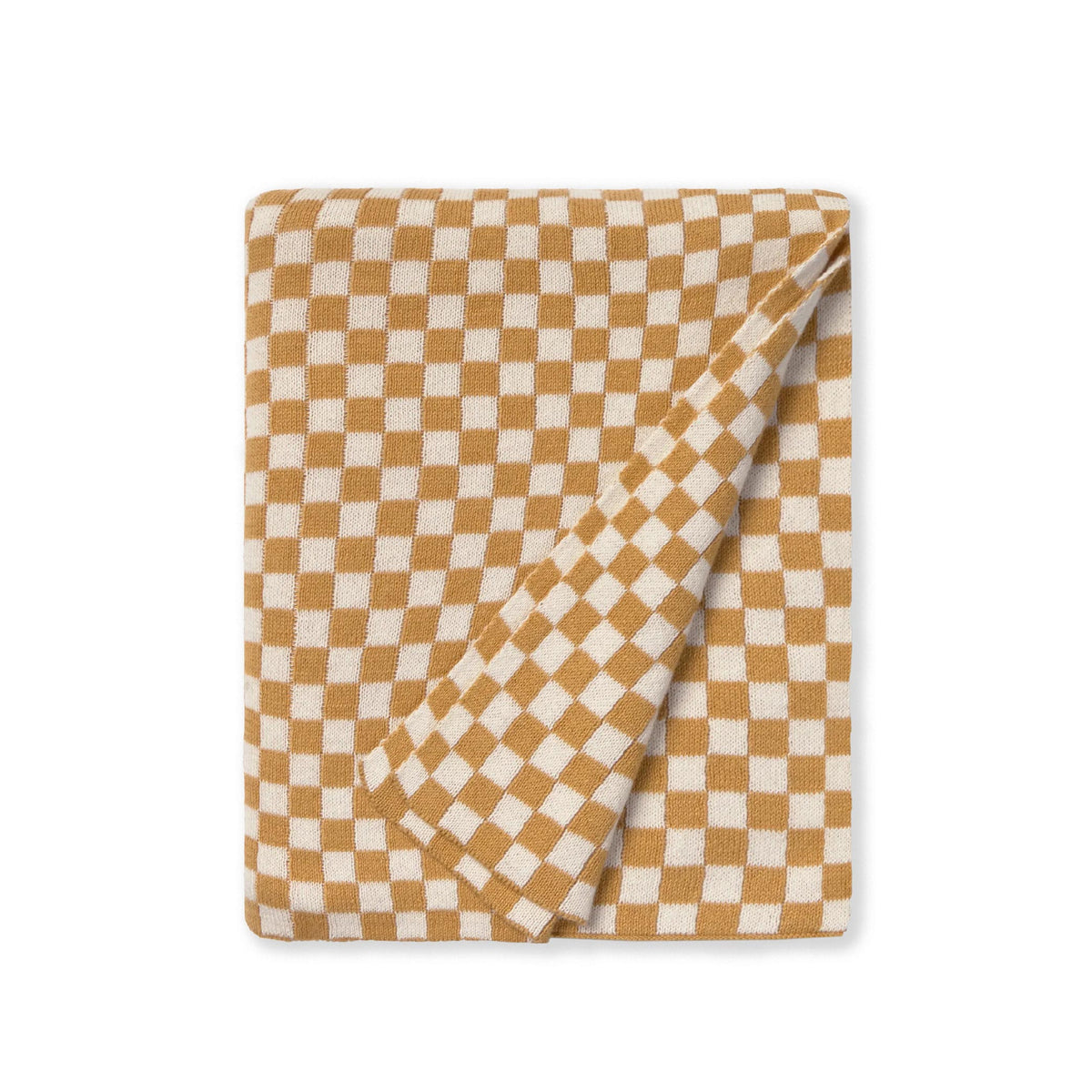 A folded checkered blanket or throw in a warm mustard yellow and cream gingham pattern, shown on a clean white background.