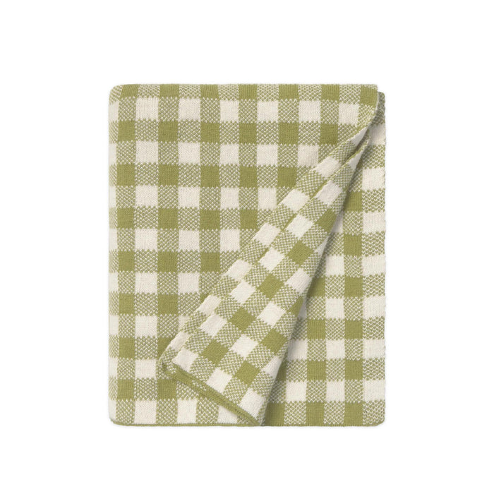 A folded woven throw blanket with a green and off-white gingham check pattern, shown on a solid white background.