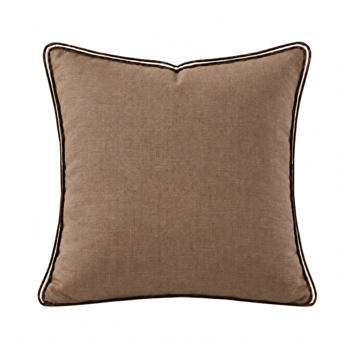 Square brown Brinson Bark Danish Linen Gusset + Velvet Pipe Throw Pillow with dark brown and white piped edges.