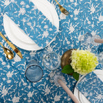 block printed blue floral patterned tablecloth 